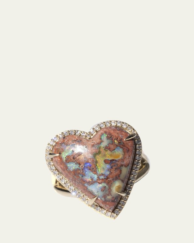 14K Yellow Gold Mexican Fire Opal Heart Ring with Diamonds